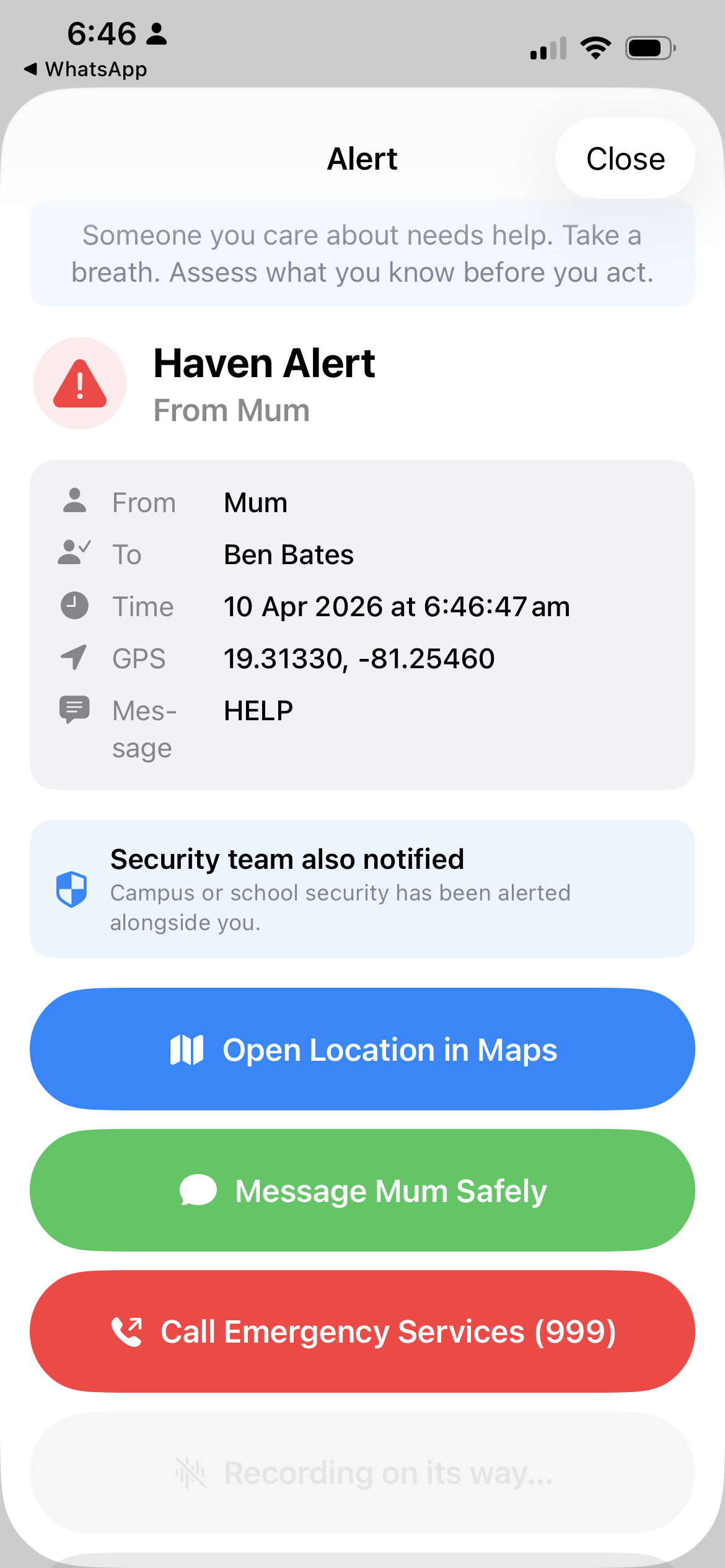 Haven alert received screen showing location and emergency options