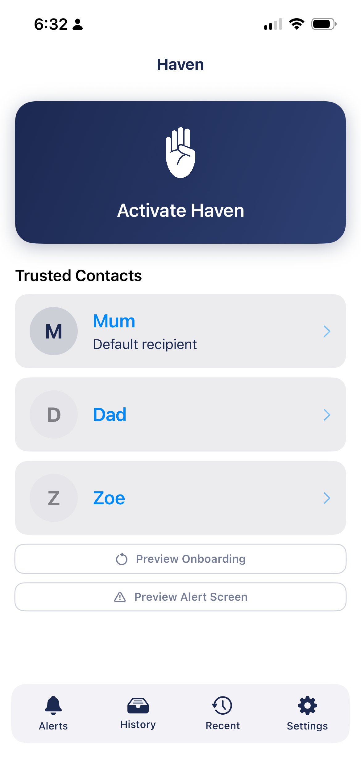Haven home screen showing the Activate Haven button and trusted contacts